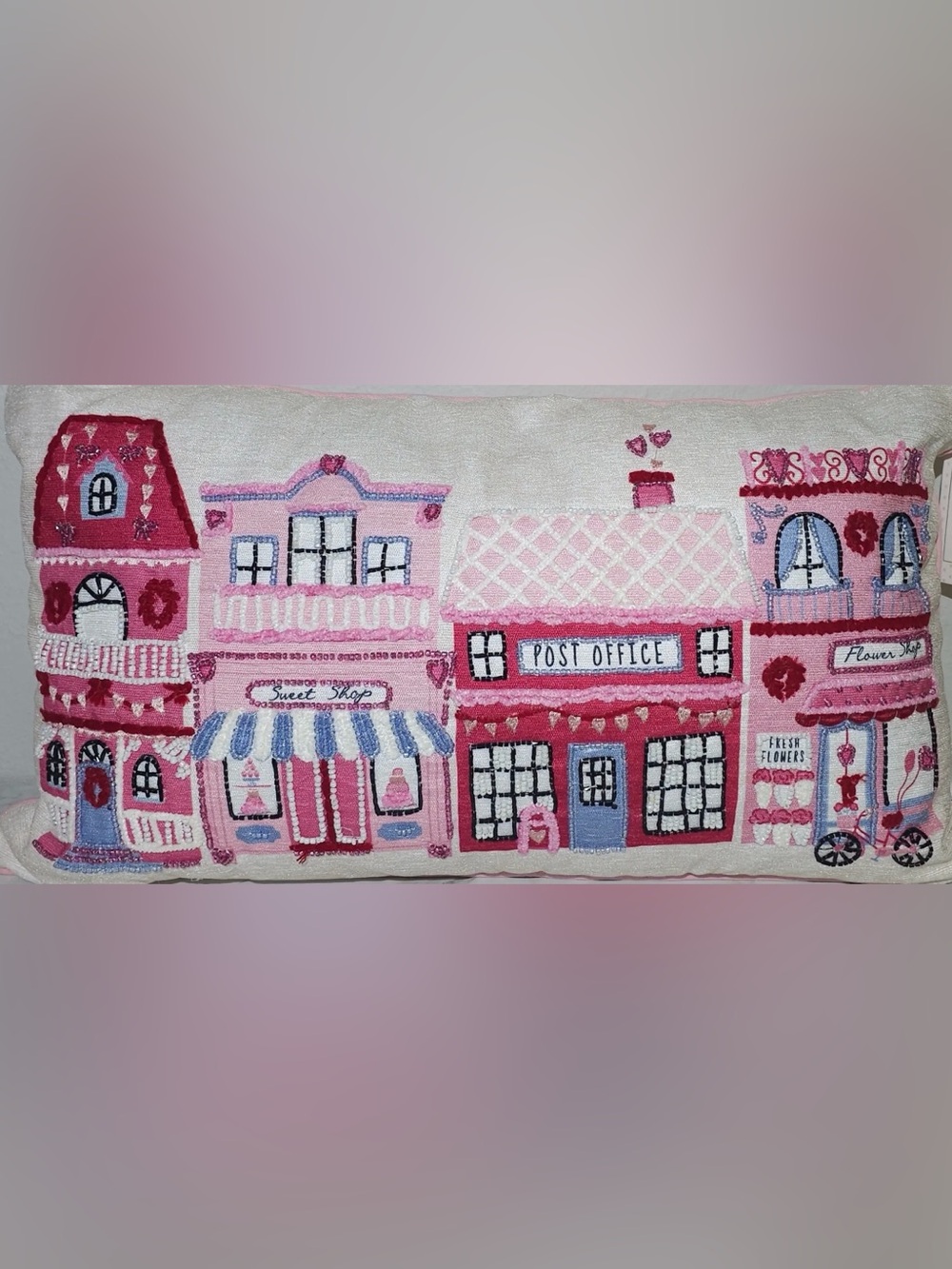 cupcakes & cashmere Pink and Red Embroidered Village Pillow